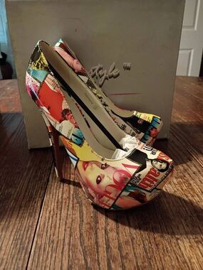 New Sz 9 Colorful Newspaper Magazine Platform Stilettos High Heel Pump Shoes